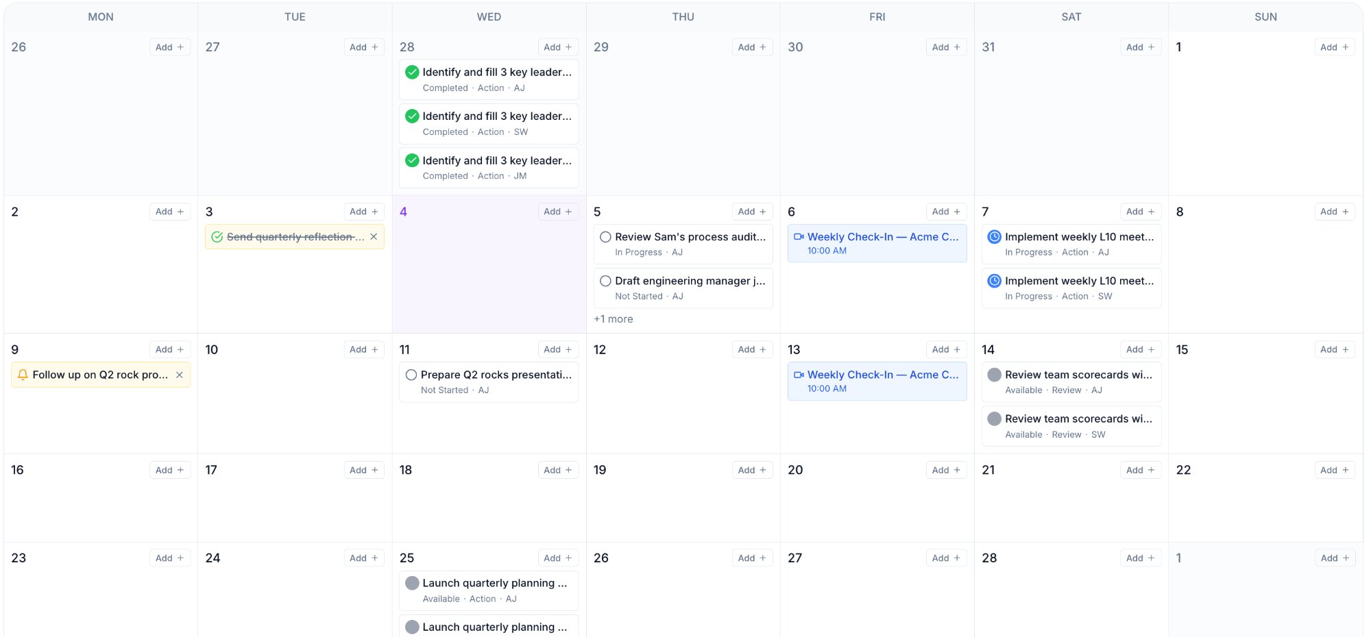 Client calendar with 30-day view showing assignments, meetings, and tasks
