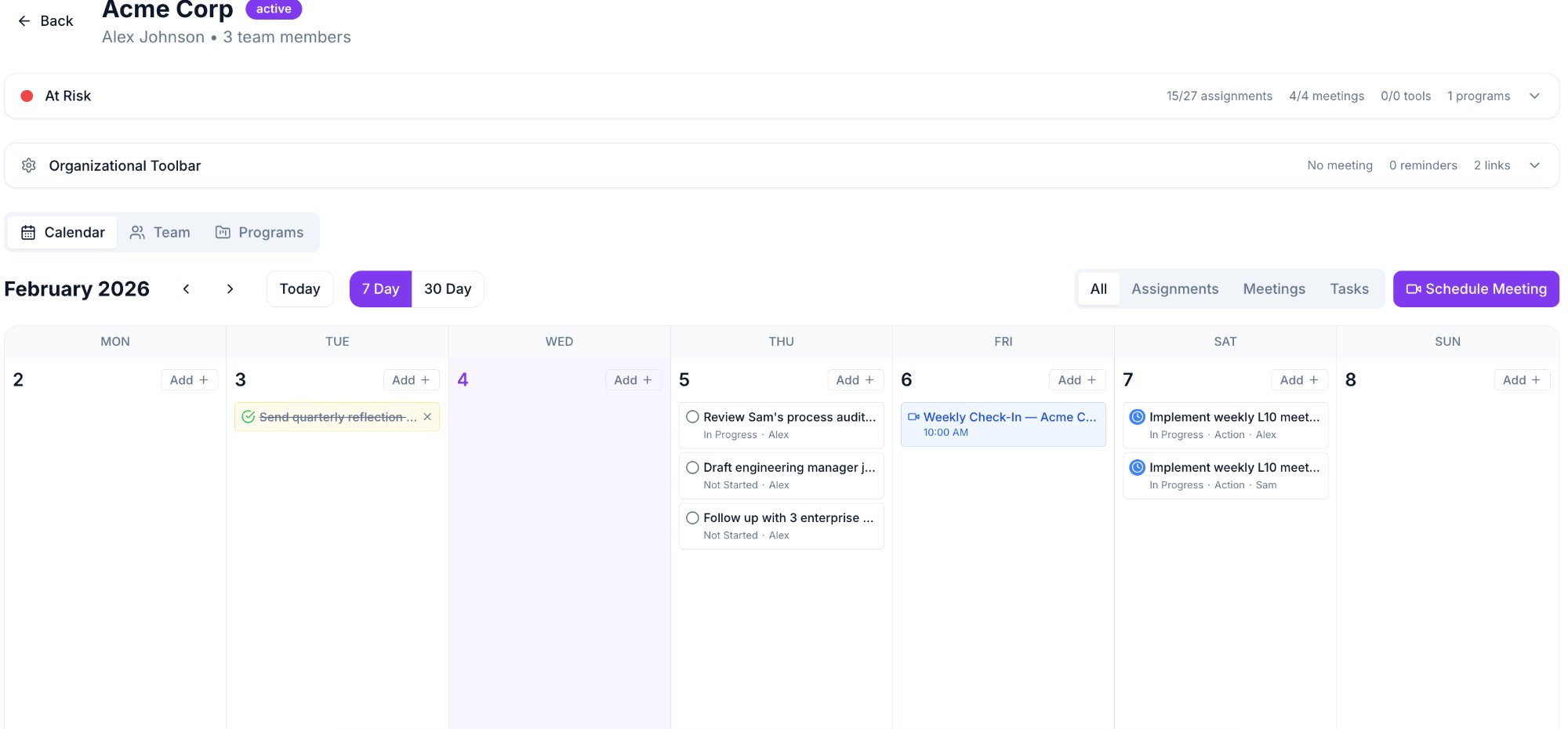 Client detail view showing Acme Corp with calendar, assignments, meetings, and engagement status