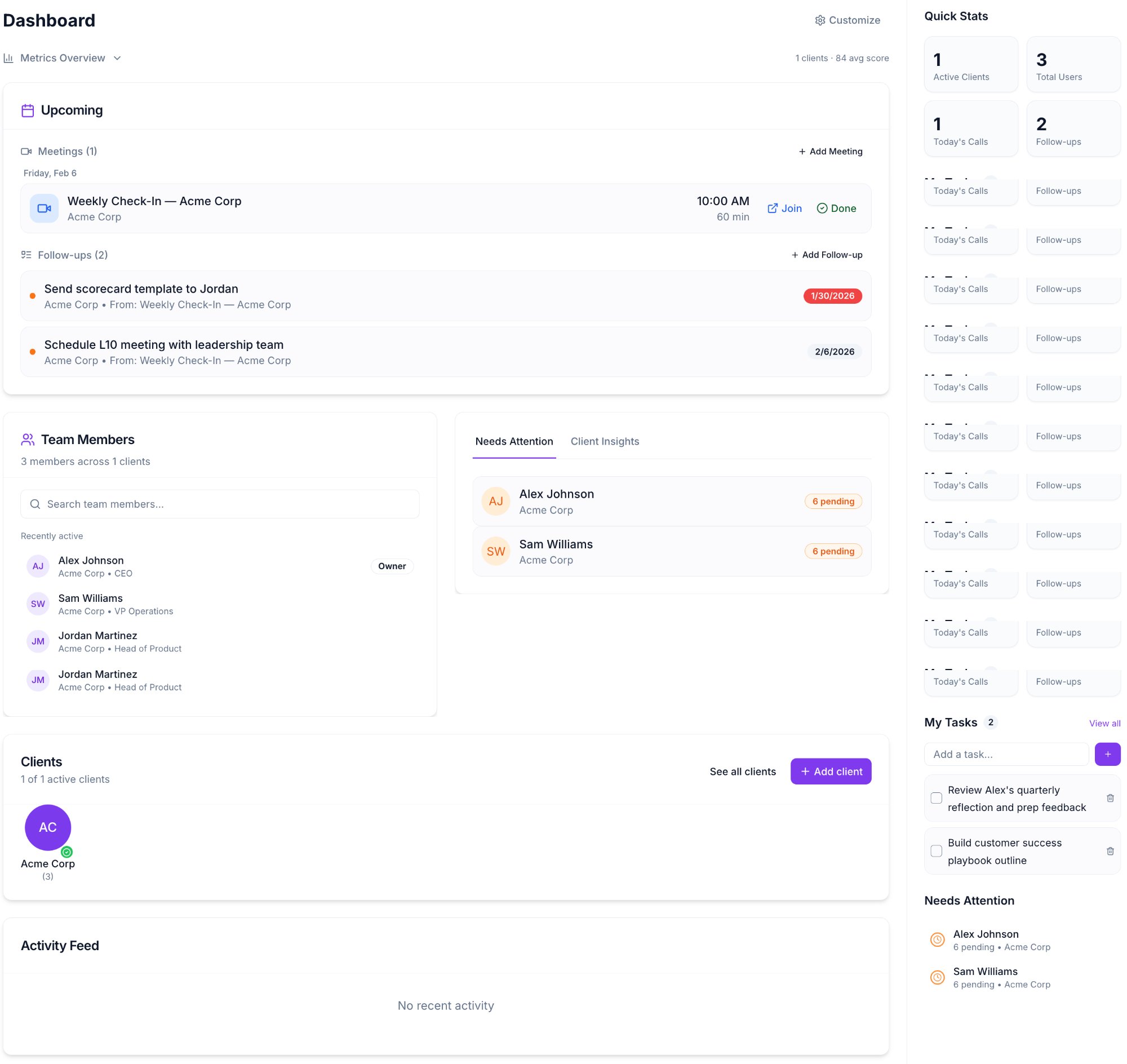 Kadre coach dashboard showing upcoming meetings, follow-ups, team members, client health, and task management